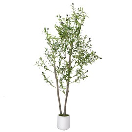 Artificial Olive Tree 5FT, Indoor Fake Silk Plant with Realistic Trunk, Leaves, Fruits and White Planter, Faux Potted Tree for Home Decor and Housewarming Gift, 1 Pack