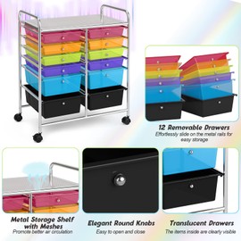 COSTWAY 12-Drawer Rolling Storage Cart, Moveable Art Craft Organizer W/Lockable Wheels, Metal Shelf, Files Arrangement Tools Makeup Storage Cart for Office, Home, School (Rainbow)