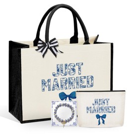 3 Pcs Bride Wedding Tote Bag with Makeup Bag and Bracelets, Bridal Shower Gifts, Bachelorette Party Bags, Coquette Bow Tote Bags with Floral for Wedding Bachelorette Party - Just Married Blue