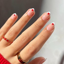 24Pcs French Tip Press on Nails Short Almond Fake Nails Red Heart Design Acrylic Nails Valentine's Day Glue on Nails Full Cover Stick on Nails Artificial Nails Valentines False Nails for Women