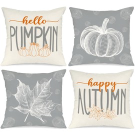 Benjia Grey 45x45 Autumn Cushion Covers Set of 4, Maple Leaf Pumpkin Decorative Holiday 18x18 Inch Fall Throw Pillow Covers Thanksgiving Pillow Case for Indoor Home Bedroom Couch Sofa Decor 45x45cm