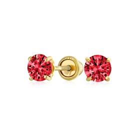 Minimalist Tiny Cubic Zirconia Red Simulated Garnet CZ Round Solitaire Stud Earrings Real 14K Yellow Gold Screw Back 4MM
