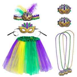 SUMERSHA 8pcs Mardi Gras Costume Set Tutu Skirt Headband Masquerade Mask Beads Necklaces and Wrist Bands for Women Carnival Accessories