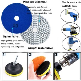 15 Pack 4 Inch Diamond Polishing Pads with 5/8 to 11 Backing Pad, 11 Wet/Dry Diamond Sanding Pads 50-8000 Pads