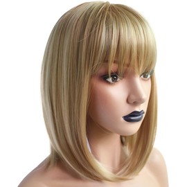 Generic Short Bob Wig with Bangs 12 Inches Straight Synthetic Hair Wigs for Women Blonde (Brown)