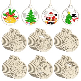 36PCS Wooden Hollow Christmas Ornaments for Paint Christmas Tree Decorations 6 Styles, DIY Blank Unfinished Wood Reindeer Santa Claus Snowman Snowflake Angle Cutouts for Crafts Winter Hanging Decora