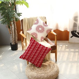 GUHOO Red Geometric Pillow Covers 18x18 Set of 4, Decorative Couch Throw Pillow Cover for Sofa Bedroom, Linen Fabric Pillow Case Farmhouse Cushion Case Outdoor Home Decoration