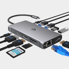 12-in-1 USB C Hub for Windows - Triple Display Docking Station with HDMI, DP, 100W PD, SD/TF Card Reader, USB 3.0 Ports - Space Gray