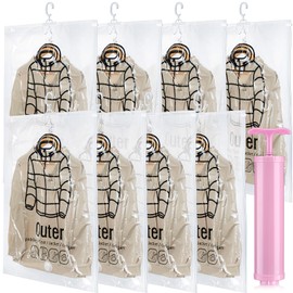 Windyun 8 Pcs Reusable Hanging Vacuum Storage Bags for Clothes Hanging Compressible Storage Bag with Air Hand Pump Seal Outer Coat Vacuum Bags for Jacket Clothing Packing Storage Organization (Medium)