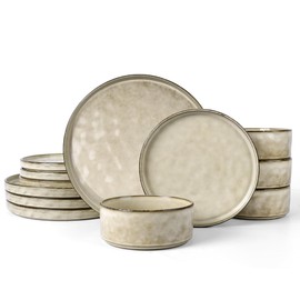 LIANYU Dinnerware Set for 4, 12 Piece Plates and Bowls Sets, Ceramic Dish Set Includes Dinner Salad Plates, Cereal Bowls, Microwave & Dishwasher Safe, Sandy Beige
