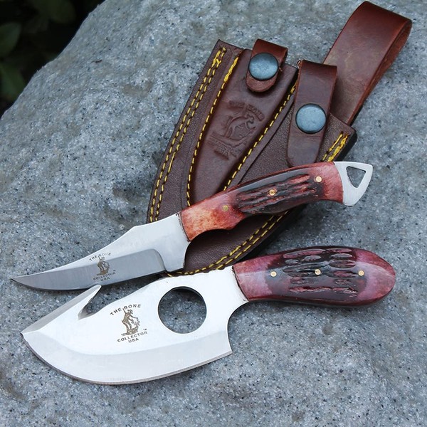 Bone Collector Hunting Knife Two Piece Set, 7" Straight Edge and 7" Gut Hook Blades Yellow Bone Full Tang Skinner