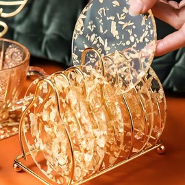 Durdiiy Round Coasters, Set of 6, Transparent Gold Foil, Heat Resistant and Non-Slip Coasters, Multicoloured for Drinks, Bar, Cups, Table Coasters, Drink Coasters for Birthday Gifts