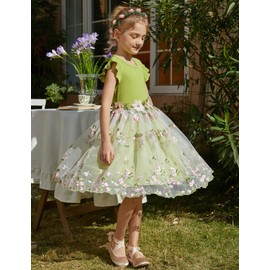 PATPAT Girl's Tulle Dress Tutu Party Birthday Poster Formal Fancy Flower Princess Dresses Green 2 Years