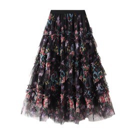 Women's Court Retro Tulle Skirts Long Tutu Fairy Tiered Skirt A Line Mesh Elastic Waist Skirts Petticoat Flowy Skirts (A-Black, L)