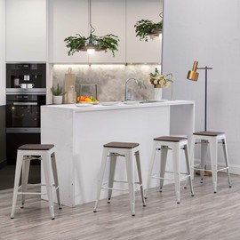 Changjie Furniture Backless Industrial Metal Bar Stool with Wooden Seat Kitchen Stackable Counter Bar Stools Set of 4 (30 inch, White Wooden)