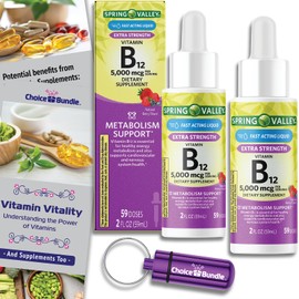 CHOICE BUNDLE Spring Valley Liquid Vitamin B12 5000 mcg Metabolism Dietary Supplement Berry 2 fl oz 2 pk (4 oz Total) + Vitamin Guide and Pill Container (4 Items)!