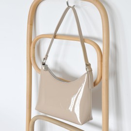 HOXIS Minimalist Faux Patent Leather Shoulder Bag Shiny Women Purse Y2K Style, Nude