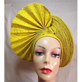 Already Made Nigerian ASO Oke Auto Gele with Stones Women Turban Hat Head Wrap African Headties Fashion Headbands for Party(Yellow)
