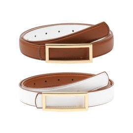 Monopa Womens Reversible Leather Belt - Two-in-One Women Skinny Belt for Jeans Dress with Golden Buckle (White/Brown,130cm)