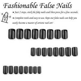 DMQ Square False Nails Medium, 24Pcs Black French Tip Press on Nails Glossy Pure Color Gel Fake Nails, Natural Black Glue on Nails Full Cover Acrylic Oval Stick on Nails for Women and Girls
