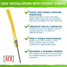 Yellow Marking Whiskers with Stakes - 100 Pack - Durable Marking Whisker Set - Use Survey Whiskers As Ground Markers, Construction Markers, Or Trail Markers