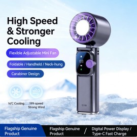 ICE FAN YX166 199-Speed Cooling Handheld Fan, 4000mAh Rechargeable, Foldable 3-in-1 Portable Mini Fan with Ice Cooler & Digital Display, 30dB Ultra-Quiet for Office Desk, Travel, Sleeping (Grey)