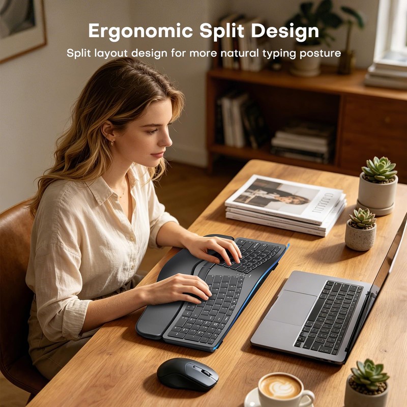 MOKURU Wireless Ergonomic Keyboard, Split Keyboard with Wrist Rest, Full