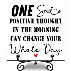 one small positive thought in the morning sign, Funny Home Office Desk Art Sign Decorative Rustic Farmhouse Decor, Inspirational Wooden Sign Office Desk Decor.A25