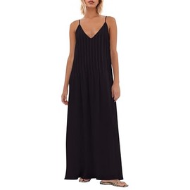 Ziesexy Maxi Dress for Women Spaghetti Strap V Neck Long Summer Sundresses Flowy Vacation Beach Pleated Dress Black
