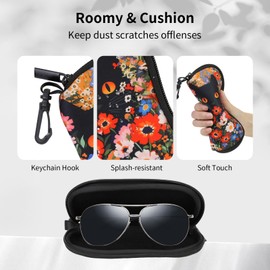 PERFECTSIGHT Kawaii Glasses Case, Neoprene Zipper Eyeglass Case with Clip, Soft Sunglasses Travel Pouch for Women Men Kids (Orange Flower Cat)