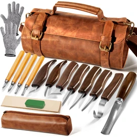 bellaDimora Wood Carving Kit 16-Piece, 8 Whittling Knives & 4 Detail Carving Knives, Walnut Handle High Carbon Steel Blades, with PU Leather Bag & Safety Gloves