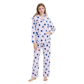 kolipajam Cotton Flannel Pajamas for Women 100% Cotton Flannel Pajamas Set Soft Cozy Ladies Loungewear, Pink-blue and white circle, 3XL