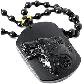 SCOO Hand Carved Natural Genuine Obsidian Howling Wolf Head Amulet Pendant Necklace