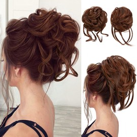 SARLA 2PCS Messy Bun Hair Pieces for Women Wavy Curly Synthetic Hairpieces for Updos with Tendrils Fake Scrunchies Ponytail Extension Red Vino