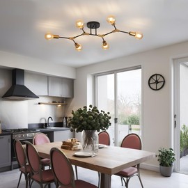 POUNEE Modern Gold and Black Sputnik Semi Flush Mount Ceiling Light Fixture for Dining Room Living Room Bedroom Kitchen Closet Hallway Aisle, Mid Centur Metal 6 Light Chandelier