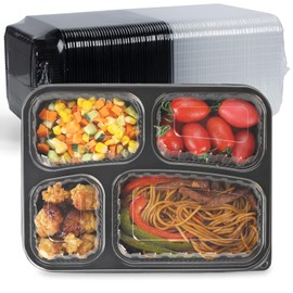 LEOBOX Meal Prep Containers 34oz 40 Pack - BPA Free PP Plastic Shrink Wrap & Leak Proof Takeout Box | Dishwasher Freezer & Microwave Safe Reusable for Bulk Cooking | Black 4 Compartment Food container