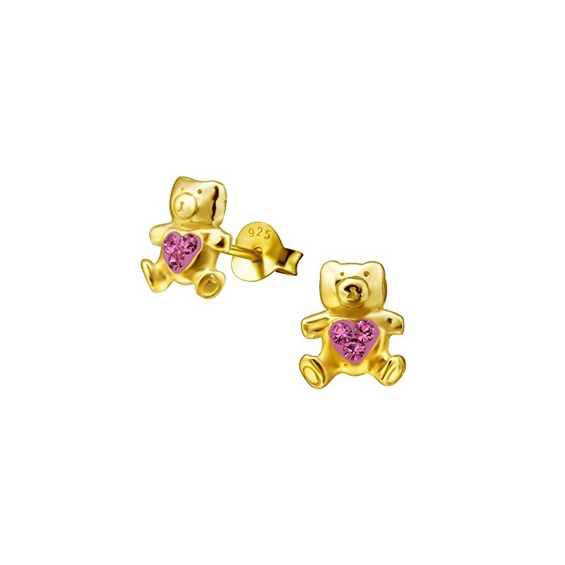 Teddy Bear Earrings with Crystal Stones 925 Sterling Silver Gold