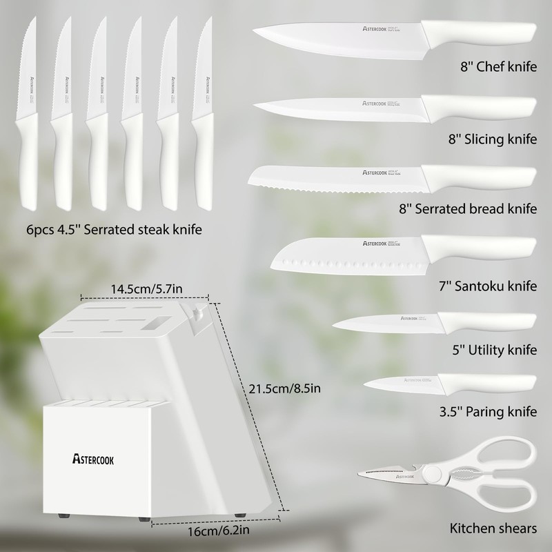 15-Piece Kitchen Knife Set with Block and Sharpener Dishwasher Safe