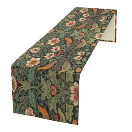 William Morris Table Runner, Vintage Rustic Green Old Flower Flower Plant Leaf Nature Bird Table Decor Tabletop Dining Kitchen Wedding Party 13x36 Inch