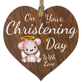 Christening Gifts for Girls Her - On Your Christening Day Hanging Wooden Heart Sign Plaque for Mummy Daddy - Dark Wood Hearts, First Communion Christening Gifts, Christian Religious Gift, Keepsake