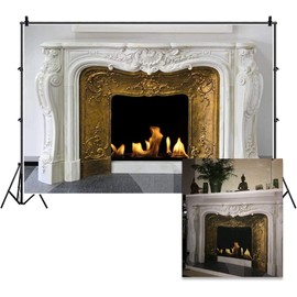 CSFOTO 5x3ft Burning Fireplace Backdrop White and Gold Classic Fireplace Apartment Interior Decor Background for Photography Home Interior Life Style Winter House Photo Wallpaper