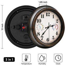 Dyreps Outdoor Clock Thermometer Combo - Retro Silent Wall Clocks, 12Inch Large Indoor Outdoor Clock with Temperature and Humidity, Battery Operated Non Ticking Classic Vintage Clocks Wall Decorative