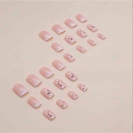 Enppode Square Fake Nails Short Press on Nails with Flowers Design Nude Nails Glossy Full Cover Nails 24 PCS/Set