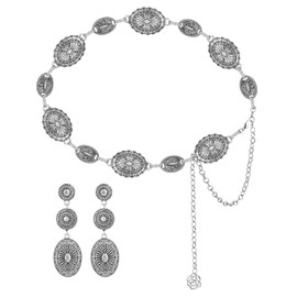 Mikovivi Set aus Western-Concho-Gürtel und Cowgirl Ohrringe, Silber Exquisite Vintage Kettengürtel Baumelnde Ohrringen mit Ovalen Elementen Boho-Schmuck Geschenk für Frauen Country Konzert Outfit
