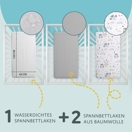 Fitted Sheet Pram Baby Fitted Sheets Set of 3: 120 x 60 cm - 2 x Flat Sheet + 1 x Waterproof Mattress Protector - Baby Cot Accessories for Cot Bed Side Cot Bassinet