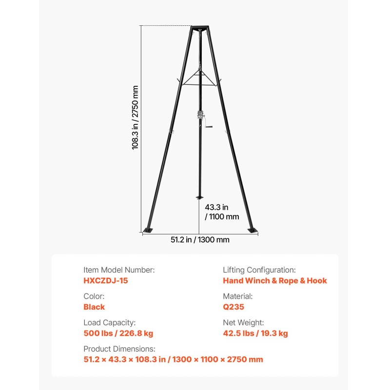 500 Lbs Load Capacity Manual Winch Tripod Deer Hoist Lift