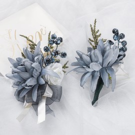 YSUCAU Corsage and Men Boutonniere Set for Wedding Dusty Blue Corsages Wristlet Band Bracelet for Wedding Mother of Bride and Groom, Prom Flowers (Dusty Blue)
