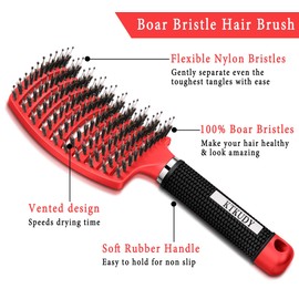 KTKUDY Detangling Brush Boar Bristles Hair Brush Make Hair Shiny & Healthier Curved and Vented Detangler Brush for Women Men Kids Wet and Dry Hair (Red)