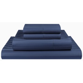 Threadmill Home Linen 500 Thread Count Queen Bed Sheets Set - 100% ELS Cotton Sheets for Queen Size Bed with Deep Pocket, Luxury Hemstitch 4 Piece Bedding Set, 2CM Damask Stripe Sateen, Folkstone Blue