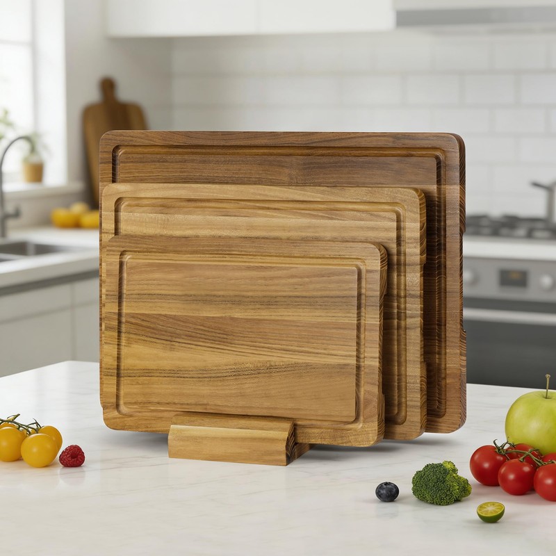 Teak Wood Cutting Board Set, 3-Piece Cutting Board with Stand
